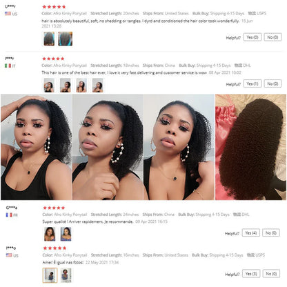 Alibele Mongolian Afro Kinky Curly Drawstring Ponytail – 4B/4C Remy Human Hair Extensions 10-28 Inch Clip-In