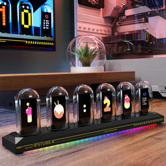 USB Powered RGB Nixie Tube Clock with IPS Color Screen – Aluminum Oval Alarm Clock with Charging Port & Metal Frame