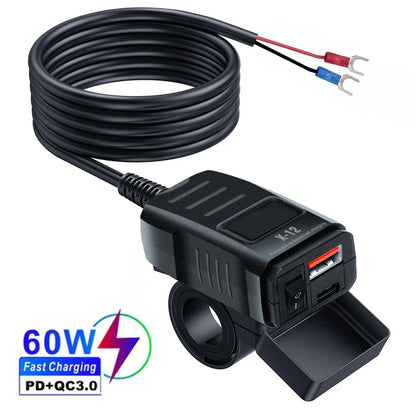 PD QC3.0 Motorcycle USB Fast Charger 60W – Dual USB Handlebar Socket with Switch & Voltmeter Waterproof 12V Power Adapter