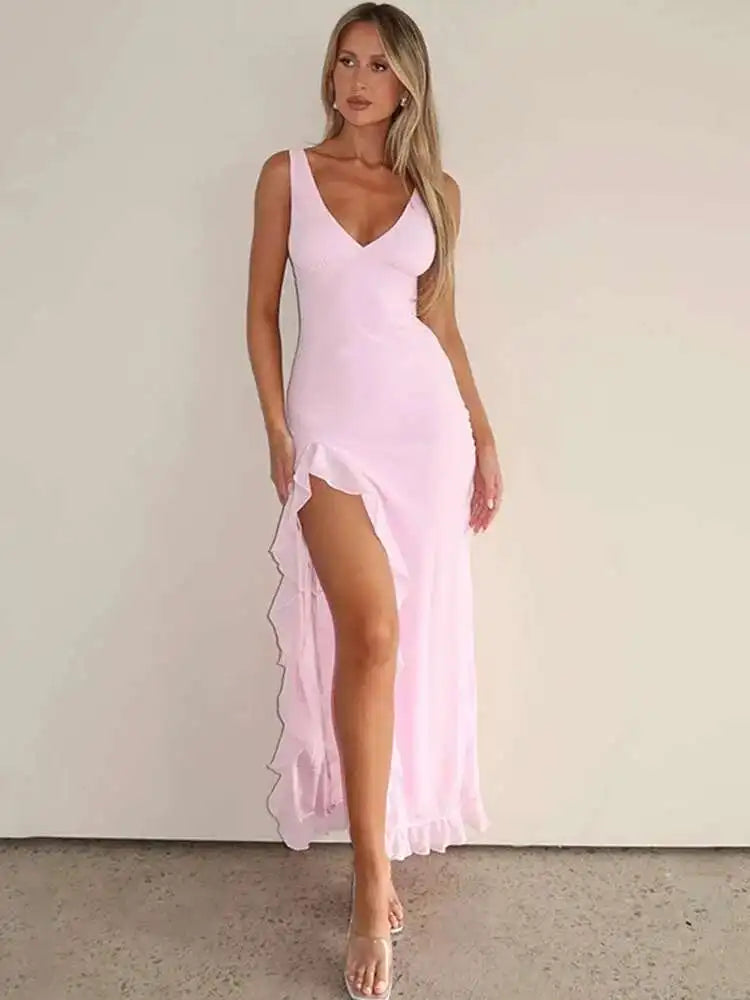 Avrilyaan Women’s Ruffle High Split Backless Midi Dress – Elegant Sexy Evening Party Summer Robe, Slim Fit Fashion Vestido 2024