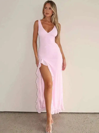 Avrilyaan Women’s Ruffle High Split Backless Midi Dress – Elegant Sexy Evening Party Summer Robe, Slim Fit Fashion Vestido 2024