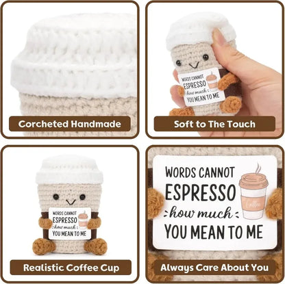 Handmade Crochet Coffee Doll – Funny Emotional Support Desktop Ornament & Christmas Gift