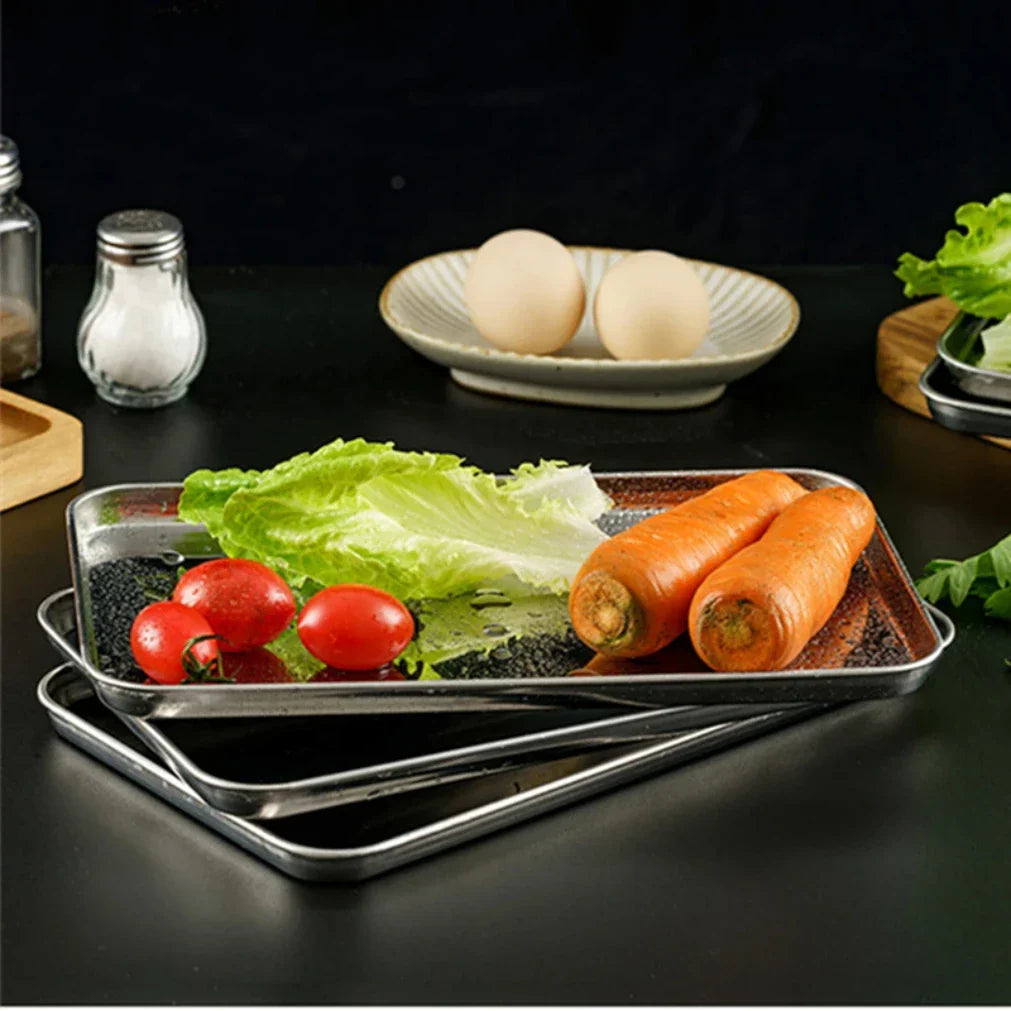 Stainless Steel Rectangle Serving Tray – Buffet Food Plate & Storage Organizer for Home, Rice, Noodles & Kitchen Use