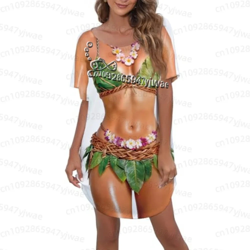Women's 3D Bikini Print T-Shirt Dress - Casual Short Sleeve Summer Sleep & Home Dress