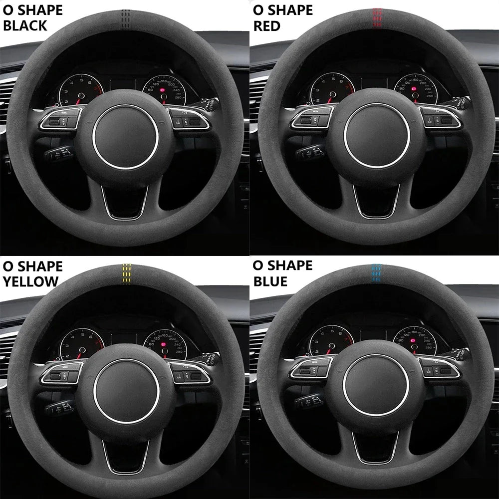 Universal 37–38cm Cowhide Suede Steering Wheel Cover, Breathable Anti-Slip Car Steering Wheel Wrap Accessory