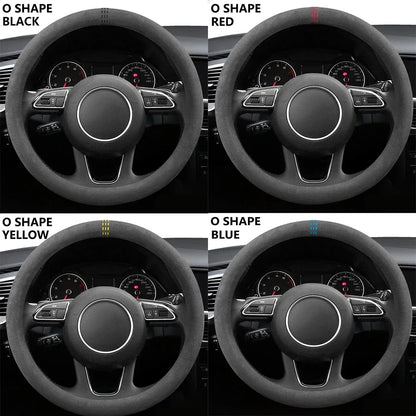 Universal 37–38cm Cowhide Suede Steering Wheel Cover, Breathable Anti-Slip Car Steering Wheel Wrap Accessory