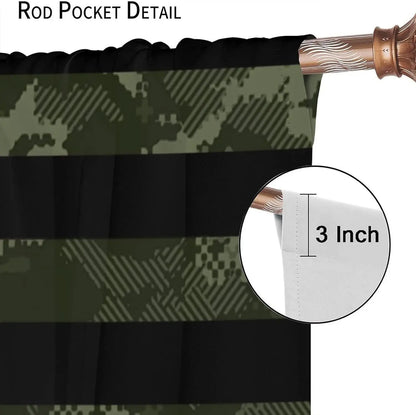 Flag Blackout Curtains – Rustic Green Camo Military USA Flag with Vintage Black Stripes and Thermal Insulation