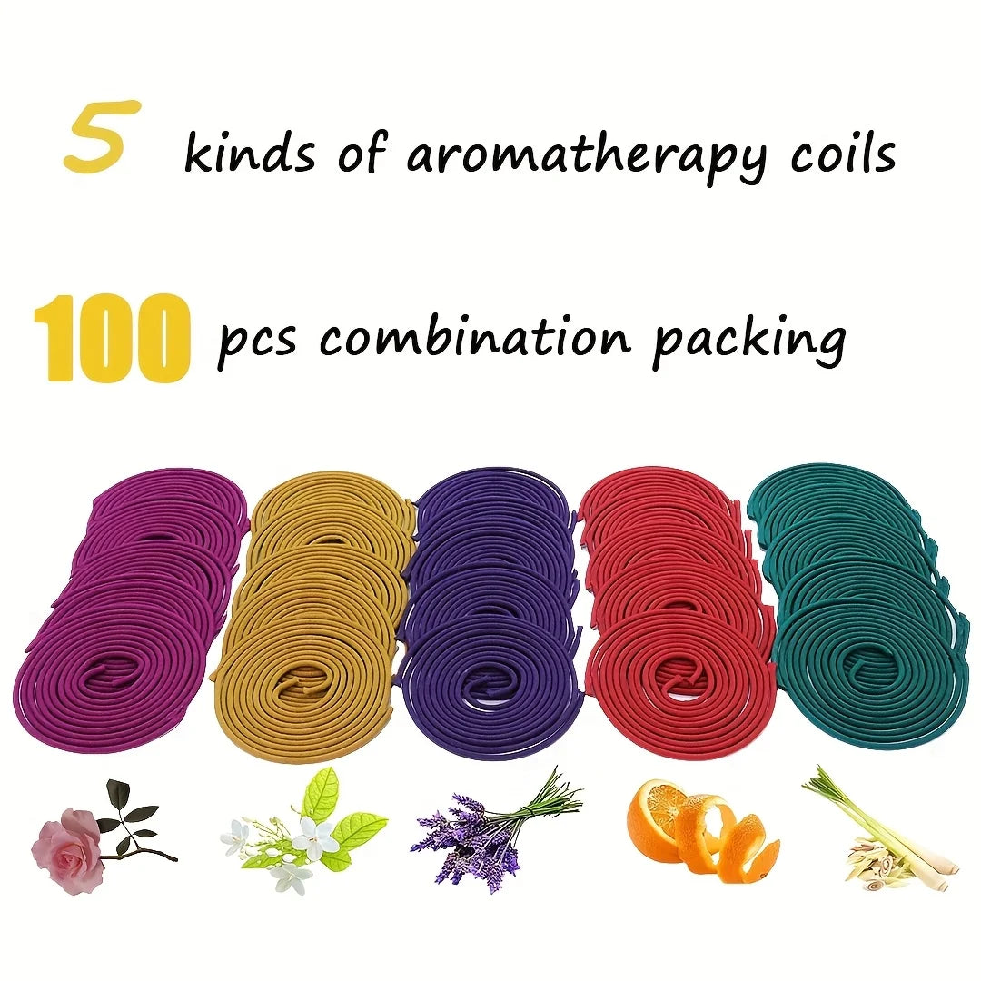 100-Piece Mixed Aromatherapy Spiral Incense Coils – Lemongrass, Rose, Jasmine, Lavender & Orange (3-4 Hour Burn)