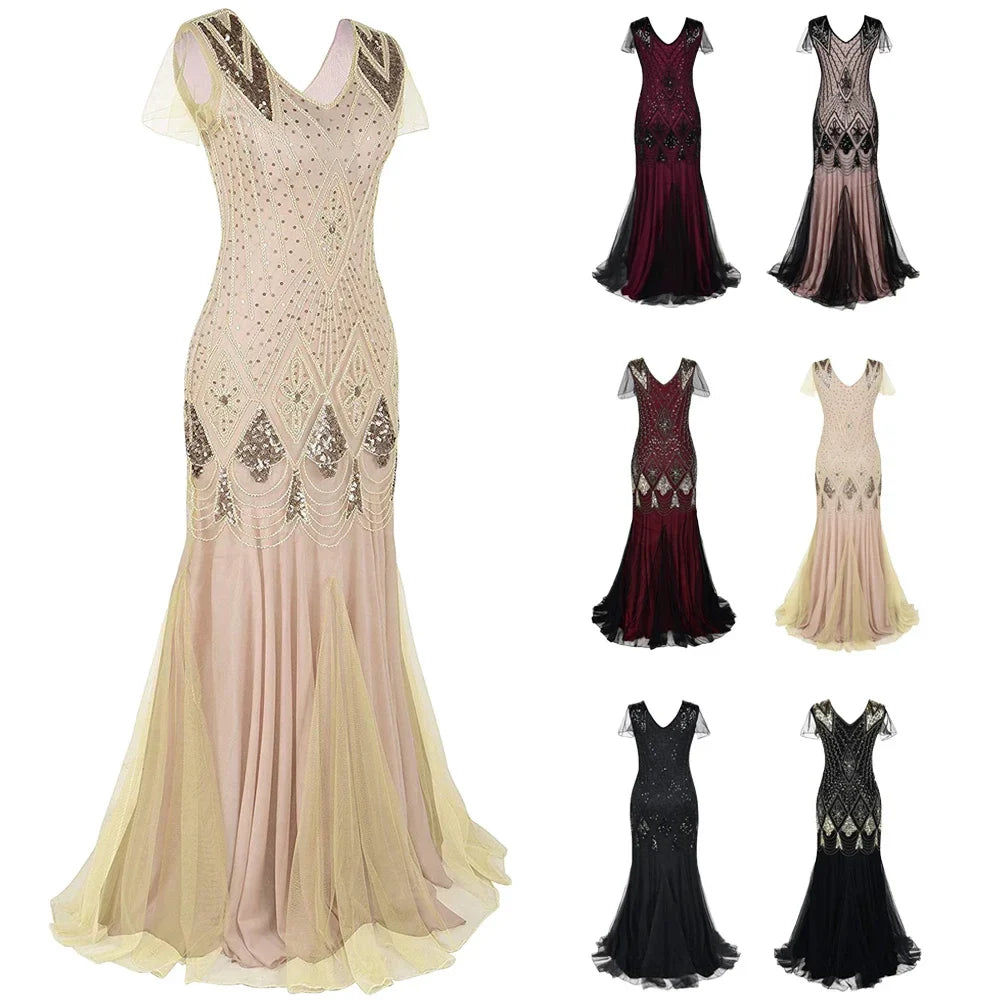 Women’s 1920s Great Gatsby Flapper Dress – Vintage V-Neck Sequin & Bead Long Mesh Maxi Party Prom Gown