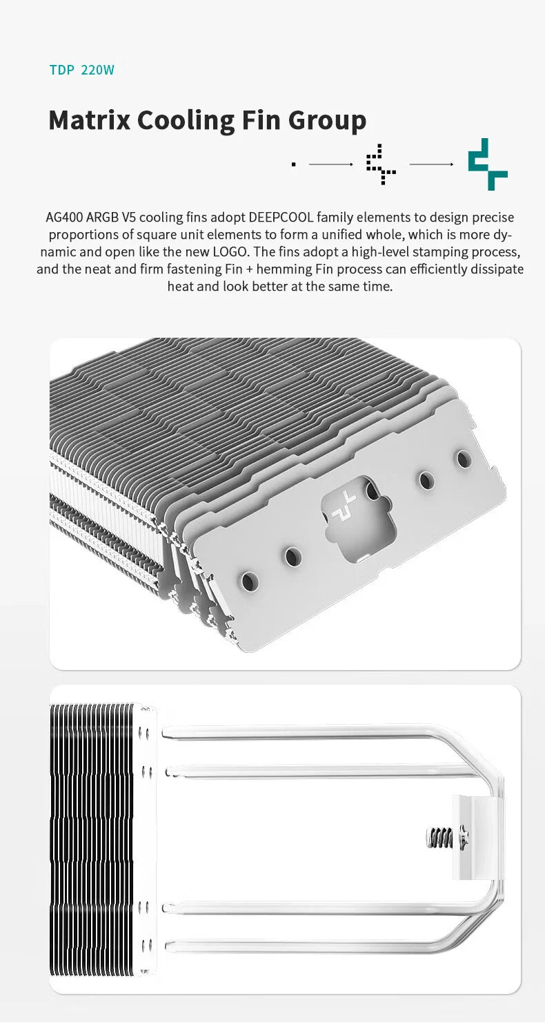DEEPCOOL AG400 CPU Air Cooler — 4 Heat Pipe ARGB PWM Radiator, 220W TDP for Intel LGA1700/1200/115X/1151/1155 & AMD AM4/AM5