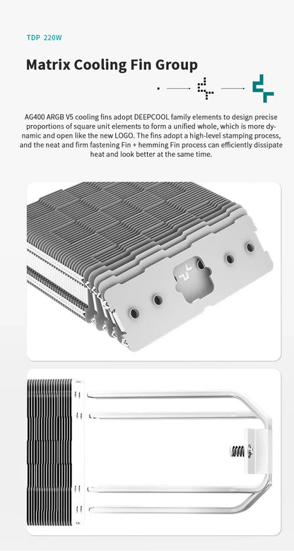 DEEPCOOL AG400 CPU Air Cooler — 4 Heat Pipe ARGB PWM Radiator, 220W TDP for Intel LGA1700/1200/115X/1151/1155 & AMD AM4/AM5