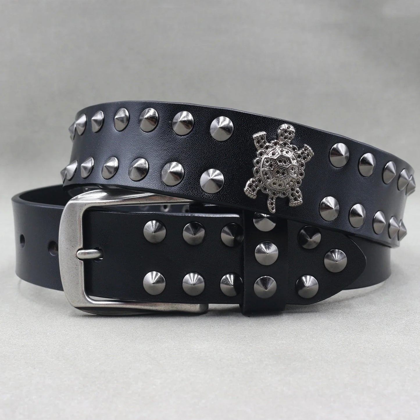 Men’s Designer Rivet Belt – Genuine Cowhide Leather Punk Rock Pin Belt for Jeans, Luxury Black Leather Belt