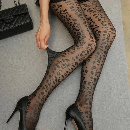 Vintage Gothic Sheer Pantyhose – Sexy Black Leopard Print Transparent Tights for Women