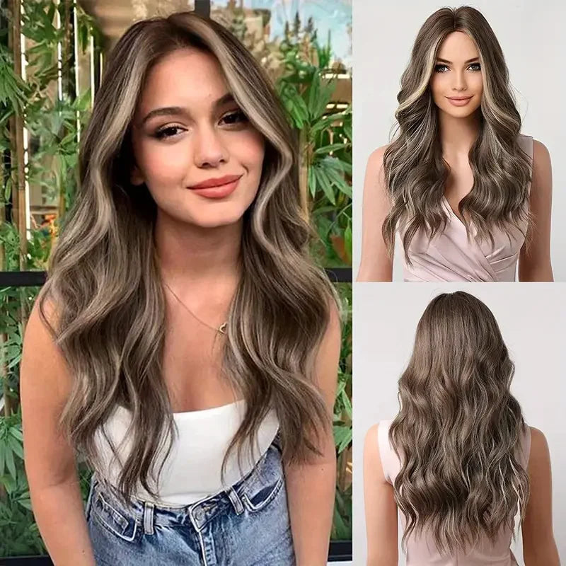 Long Wavy Brown Synthetic Wig for Women – Middle Part, Natural Look, Heat-Resistant Fiber for Daily Wear & Cosplay