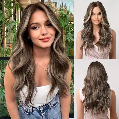 Long Wavy Brown Synthetic Wig for Women – Middle Part, Natural Look, Heat-Resistant Fiber for Daily Wear & Cosplay