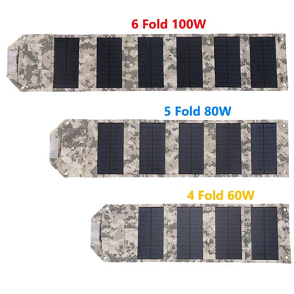 60W 80W 100W Foldable Solar Panel — 5V USB Portable Waterproof Charger for Phone, Camping & Power Bank