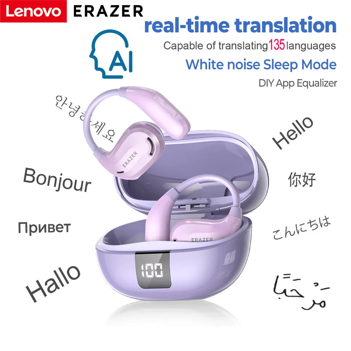 ERAZER XT66PRO Bluetooth Earphones – ASMR Wireless Headset with AI Translator, DIY App Control, 13-Hour Battery & Display