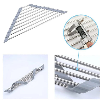 Roll-Up Triangle Dish Drying Rack – Foldable Stainless Steel Kitchen Sink Organizer, Sponge & Rag Holder
