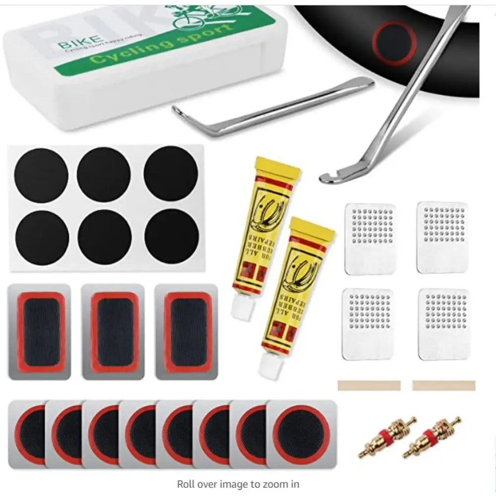 Bicycle Tire Repair Kit - Inner Tube Puncture Patches Rubber Glue Valve Tools for Bike Maintenance