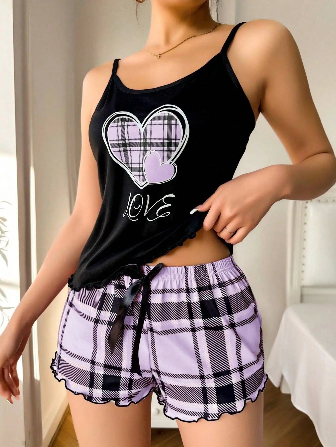 Women’s Sexy Suspender Pajama Set - Letter Print Plaid Shorts Romantic Thin Nightwear Home Wear