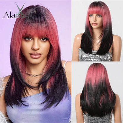 ALAN EATON Blonde Layered Synthetic Wig with Bangs – Long Straight Heat-Resistant Wig for Women & Girls, Natural Daily Hair