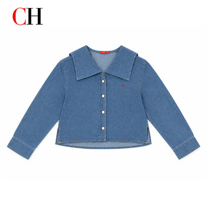 Women’s Sailor Lapel Cropped Denim Shirt - Wide Fit Embroidered Long Sleeve Casual Office Top