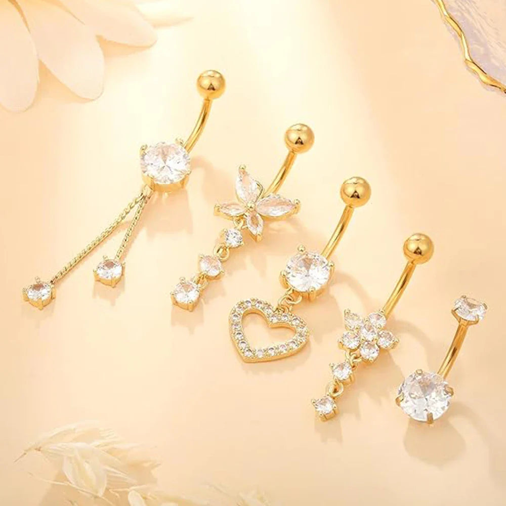 5PCS Belly Button Ring Set – 14G Curved Navel Piercing with Butterfly & Heart Charms, Body Jewelry for Women & Girls