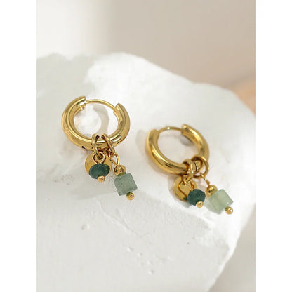 YACHAN 18K Gold-Plated Stainless Steel Hoop Earrings — Vintage Green Stone Charms, Trendy Waterproof Jewelry for Women