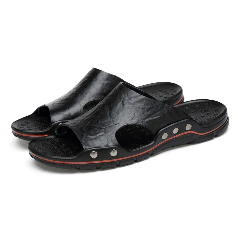 YRZL Men’s PU Leather Sandals – Classic Summer Slippers, Soft Black Lightweight EVA Slides, Big Sizes