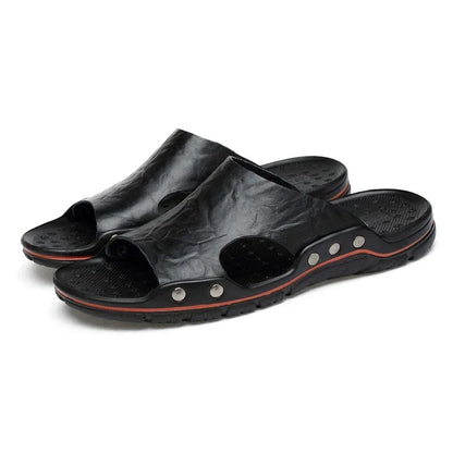 YRZL Men’s PU Leather Sandals – Classic Summer Slippers, Soft Black Lightweight EVA Slides, Big Sizes