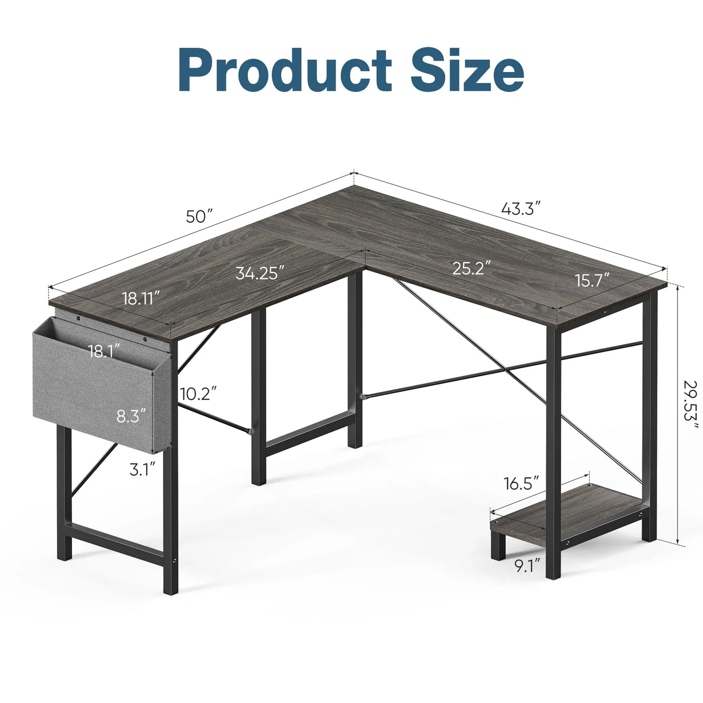 50-Inch Gaming Corner Desk – Wooden Office Writing Table with CPU Storage Shelf & Side Bag for Small Spaces