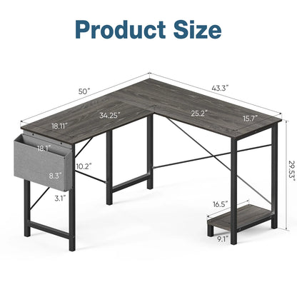 50-Inch Gaming Corner Desk – Wooden Office Writing Table with CPU Storage Shelf & Side Bag for Small Spaces