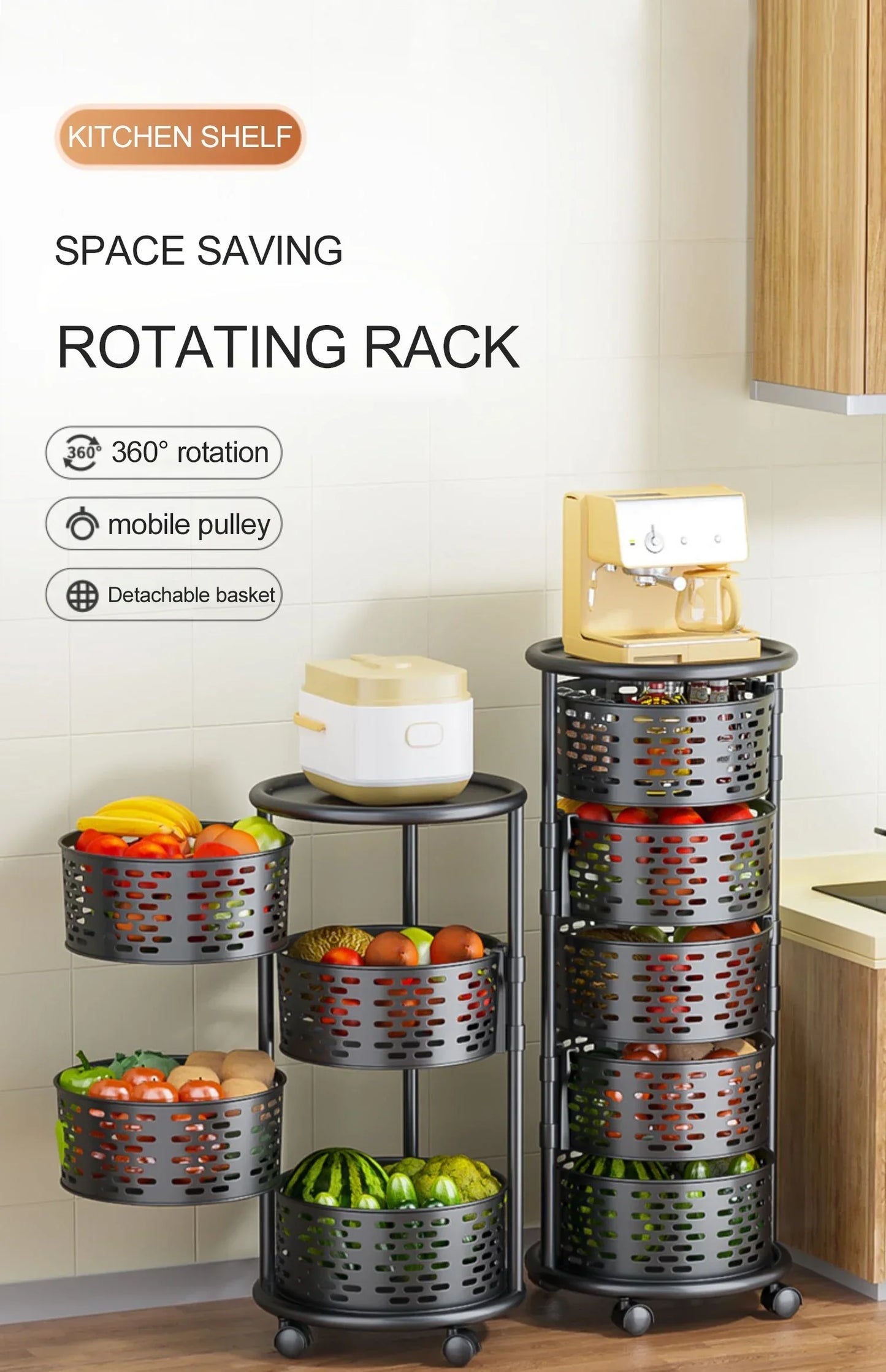 5 Layer Stainless Steel Rotating Shelf - Kitchen & Bathroom Storage Baskets, Fruit & Vegetable Rack with Wheels
