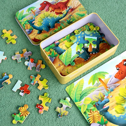 60PCS Cartoon Jigsaw Puzzle with Metal Box – Kids Educational Animal & Vehicle Puzzle Game