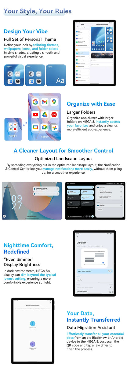 Blackview MEGA 8 Tablet – 13" FHD+ 90Hz Display, 11000mAh, Android 15, 50MP Camera, 4 Speakers, 4G Pad PC