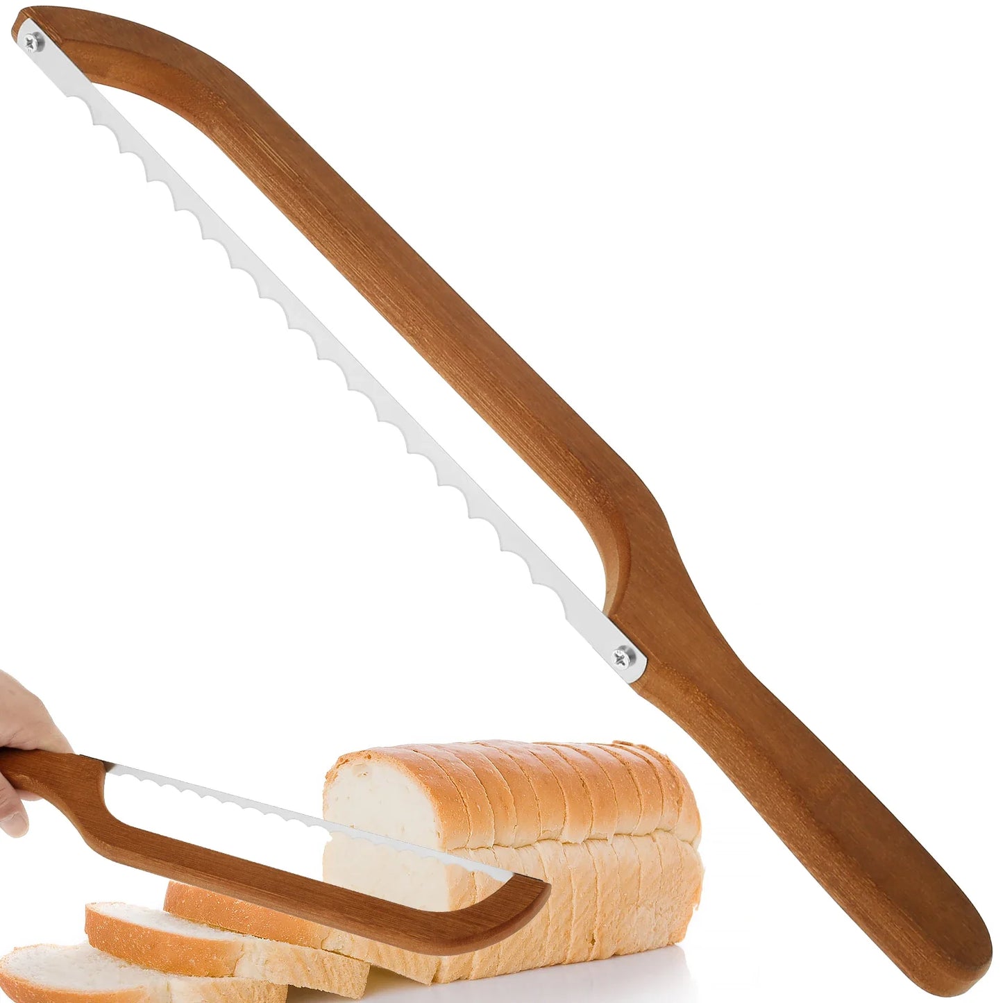 Bread Bow Cutter – Serrated Stainless Steel Bagel & Sourdough Slicer, Portable Cutting Tool with Bamboo Handle