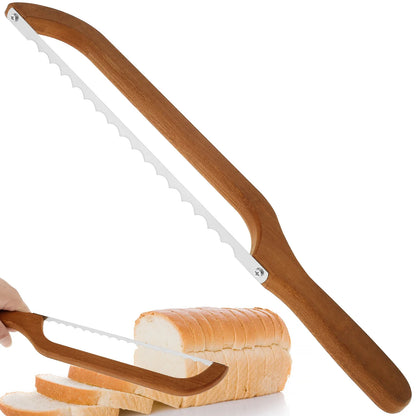 Bread Bow Cutter – Serrated Stainless Steel Bagel & Sourdough Slicer, Portable Cutting Tool with Bamboo Handle