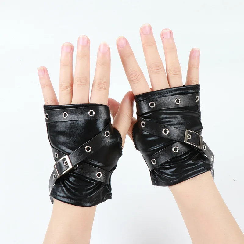 Women Gothic Fingerless Gloves – Black Half Finger Short Leather Gloves with Metal Buckle Wristband, Punk Style Arm Sleeves & Fashion Accessories