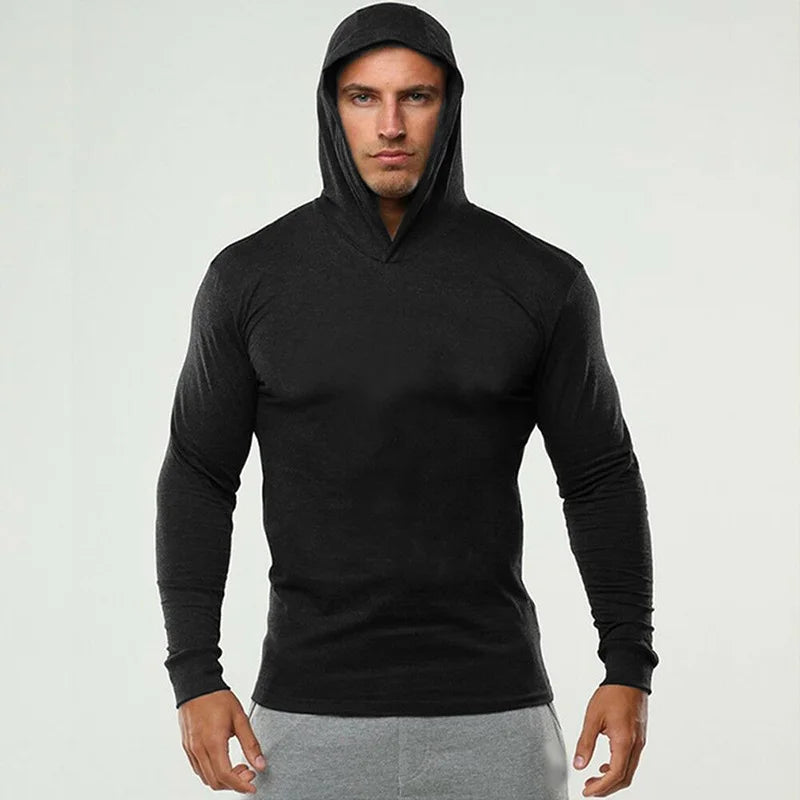 Men’s Slim Fit Gym Hoodie Long Sleeve – Breathable Cotton Fitness & Bodybuilding Sports T-Shirt