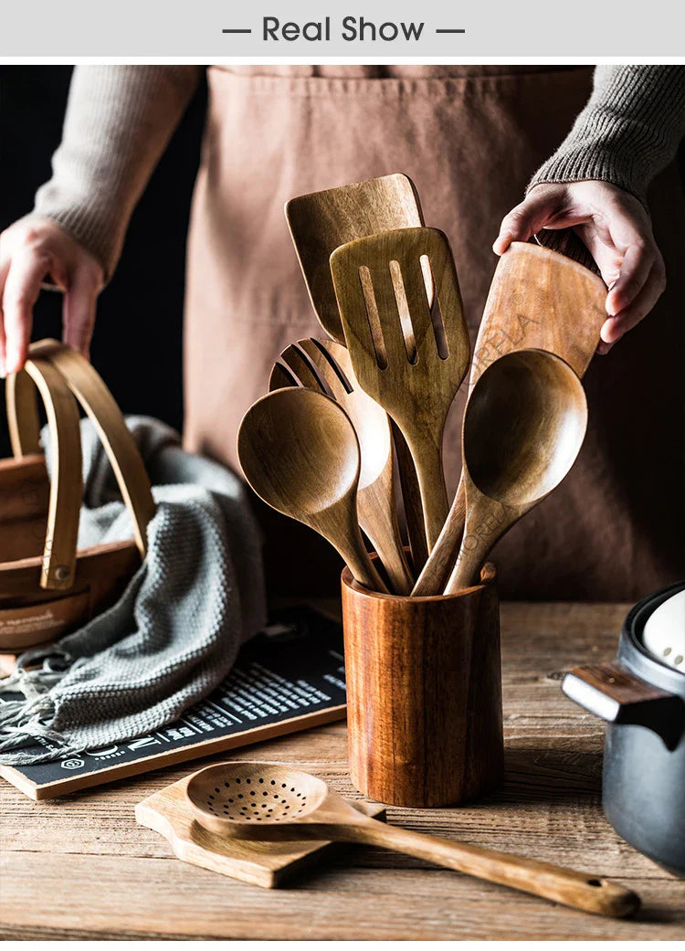 9PCS Teak Wooden Cooking Spoons Set – Kitchen Utensils with Holder
