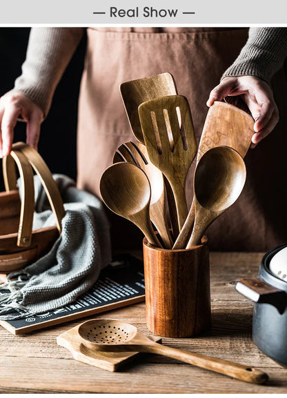 9PCS Teak Wooden Cooking Spoons Set – Kitchen Utensils with Holder