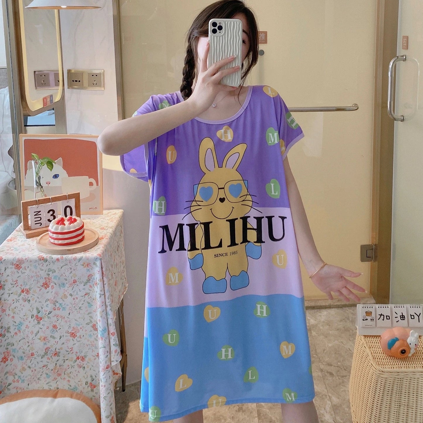 Girls’ Summer & Autumn Cartoon Nightdress – Cute Short-Sleeved Pajama Dress, Comfortable Homewear, Polyester Sleepwear