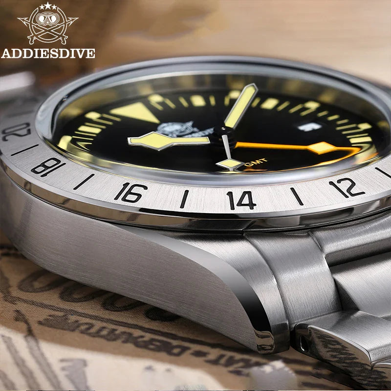 ADDIESDIVE GMT Men’s Diver Watch – 39mm Stainless Steel, Luminous Calendar Display, 20ATM Quartz Reloj Hombre