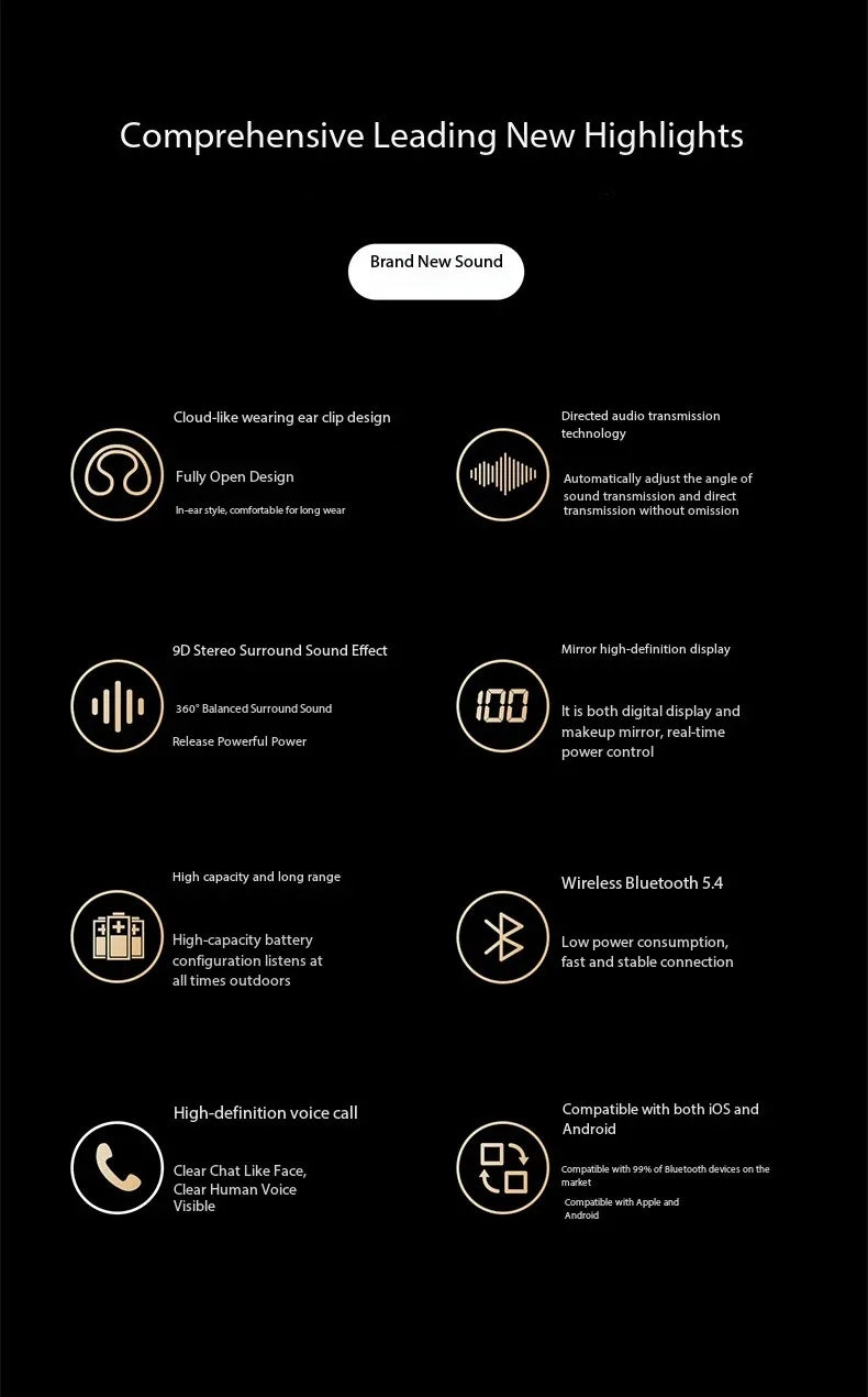 Wireless Bluetooth Earphones with Mirror Display – Soft Silicone Ear Clip, Noise Reduction, HD Sound, Lossless Audio for Sports
