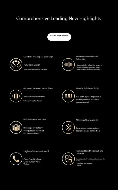 Wireless Bluetooth Earphones with Mirror Display – Soft Silicone Ear Clip, Noise Reduction, HD Sound, Lossless Audio for Sports