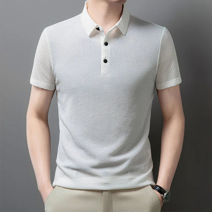 Men’s Business Casual Short Sleeve Polo — Solid Color Floral Summer Shirt, Breathable & Comfortable