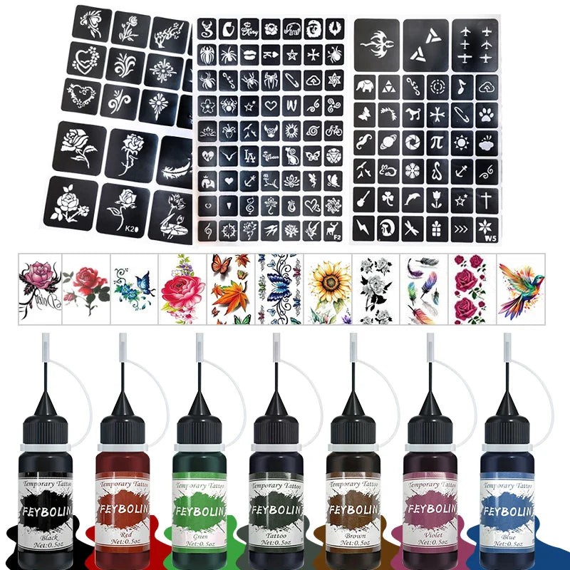 Long-Lasting Temporary Tattoo Ink Kit – Includes 3 Stickers & Freehand Gel for Face & Body Party Makeup Tattoos