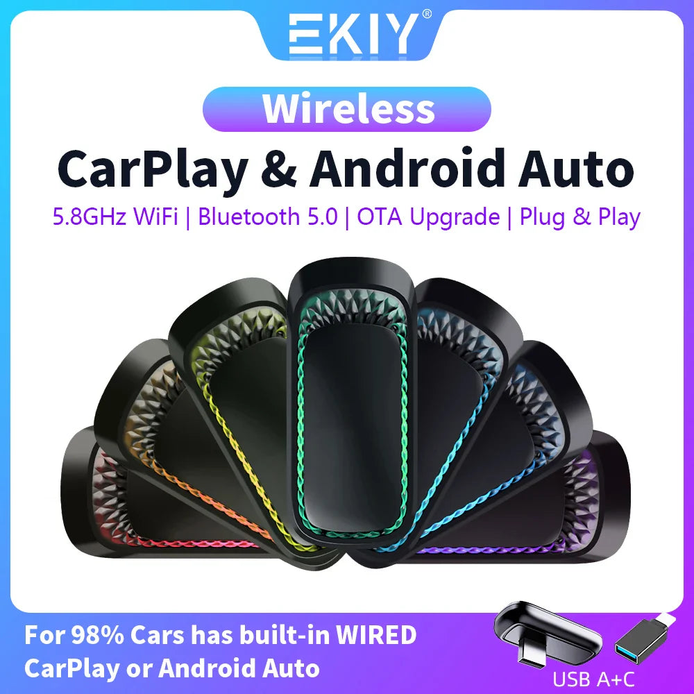 EKIY 2 in 1 RGB Wireless CarPlay Adapter Smart Box - USB Wireless Android Auto and Wired CarPlay, Bluetooth and WiFi for Car