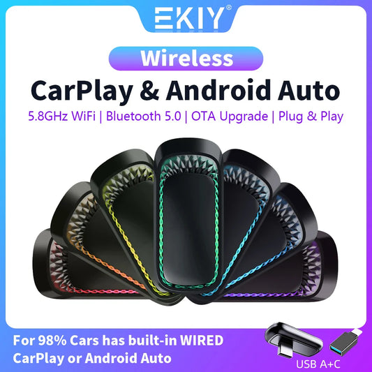 EKIY 2 in 1 RGB Wireless CarPlay Adapter Smart Box - USB Wireless Android Auto and Wired CarPlay, Bluetooth and WiFi for Car