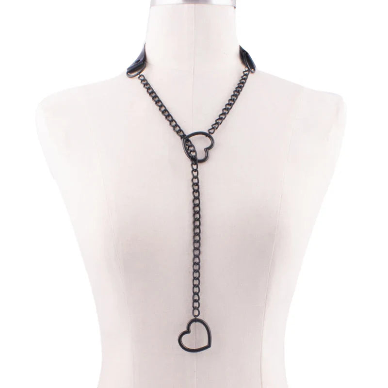 Heart Slip Chain Necklace – Black Leather Gothic Choker for Women, Punk & Goth Jewelry